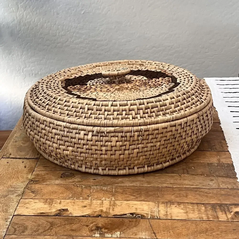 Coiled Pine Needle Round Lidded Basket 15.5